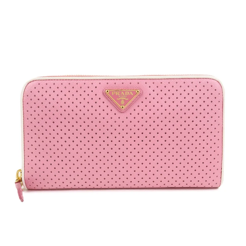 PRADA Logo Nylon Saffiano Leather Round Zippy Wallet Pink 1M0506