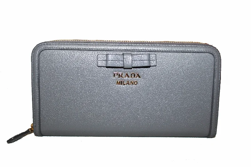 Authentic Prada Grey Women's Bow Detail Continental Leather Wallet