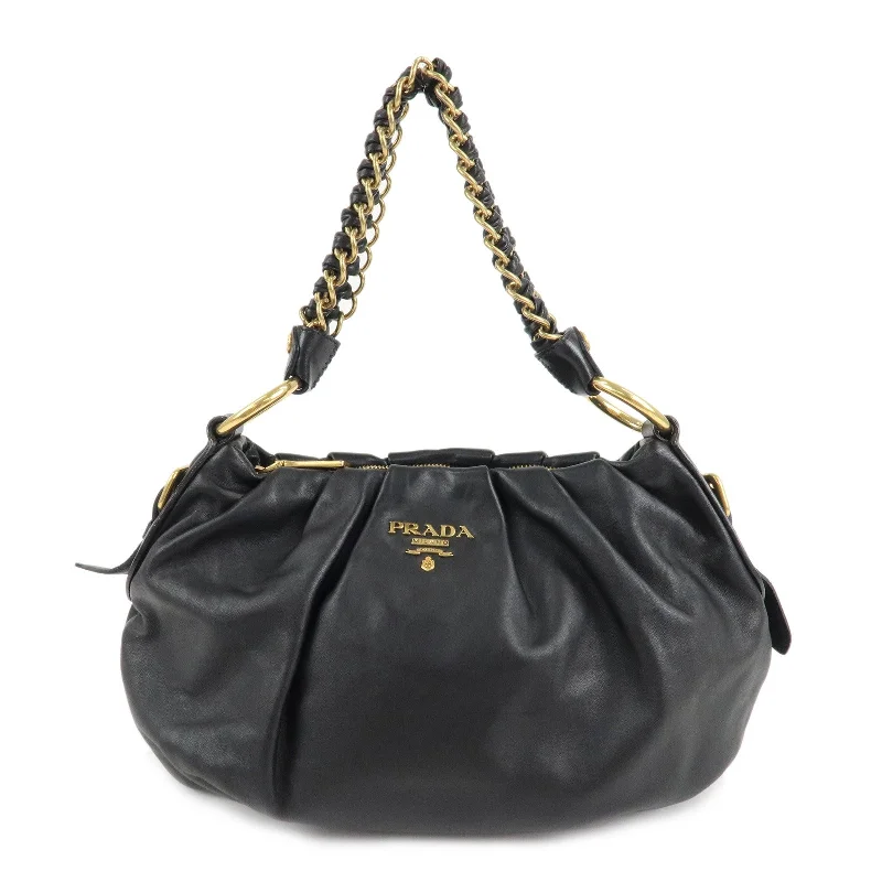 PRADA Leather Chain One-Shoulder Bag Black Gold Hardware