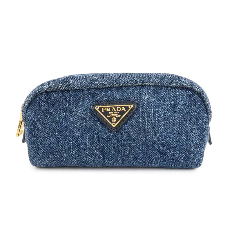 PRADA Logo Canvas Leather Pouch Cosmetic Pouch Blue 1NA175