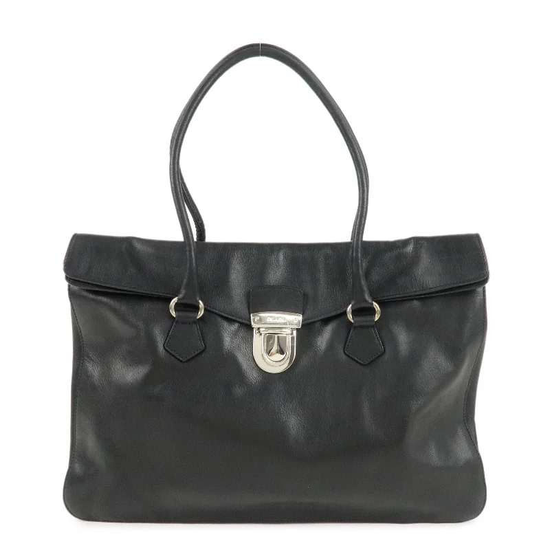 PRADA Leather Tote Bag Shoulder Bag Black Silver Hardware