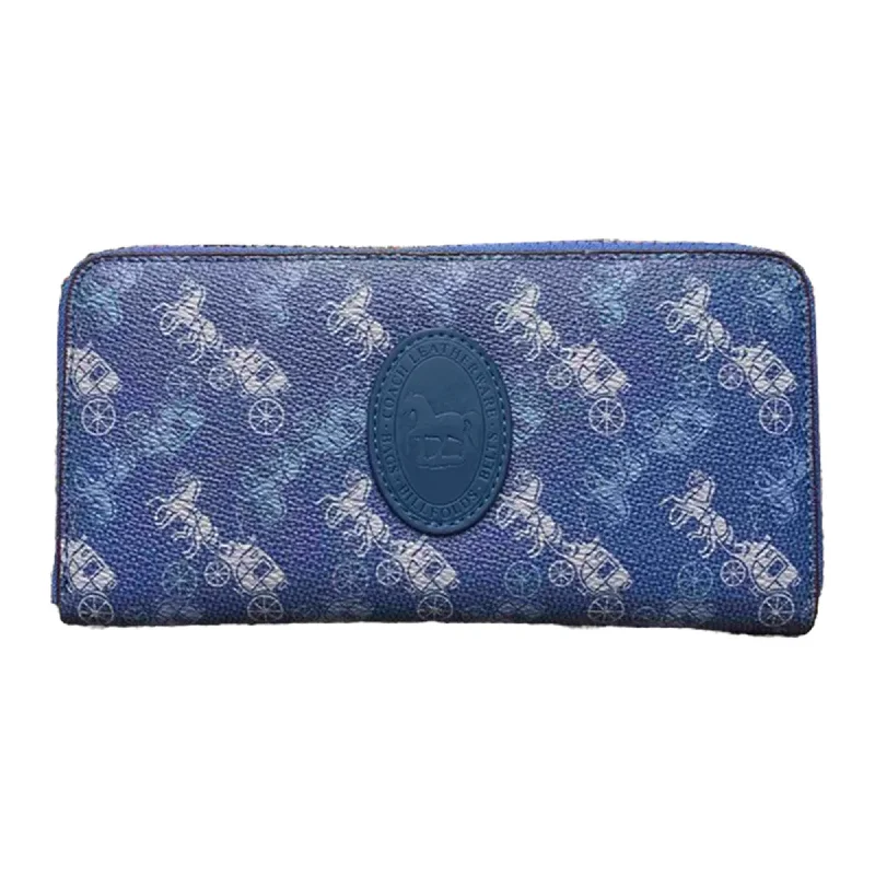 Coach Accordion Zipper Around Wallet Leather Horse Carriage Card Wallets Blue NEW