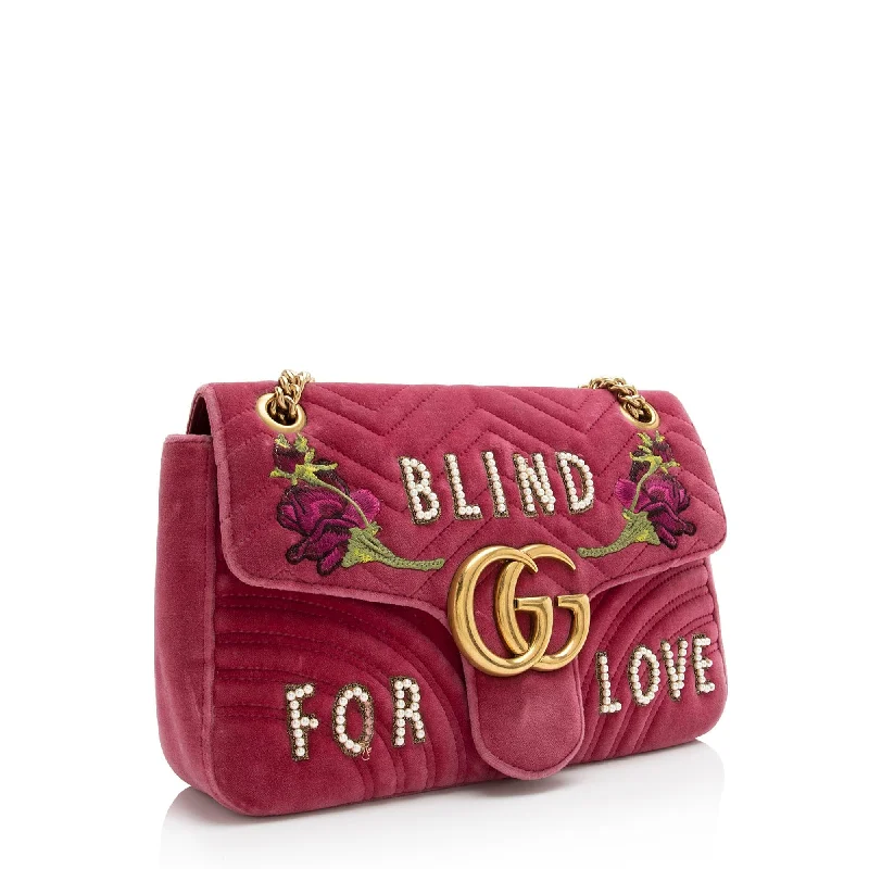 Gucci Matelasse Velvet Embroidered Blind for Love GG Marmont Medium Shoulder Bag - FINAL SALE (SHF-23780)