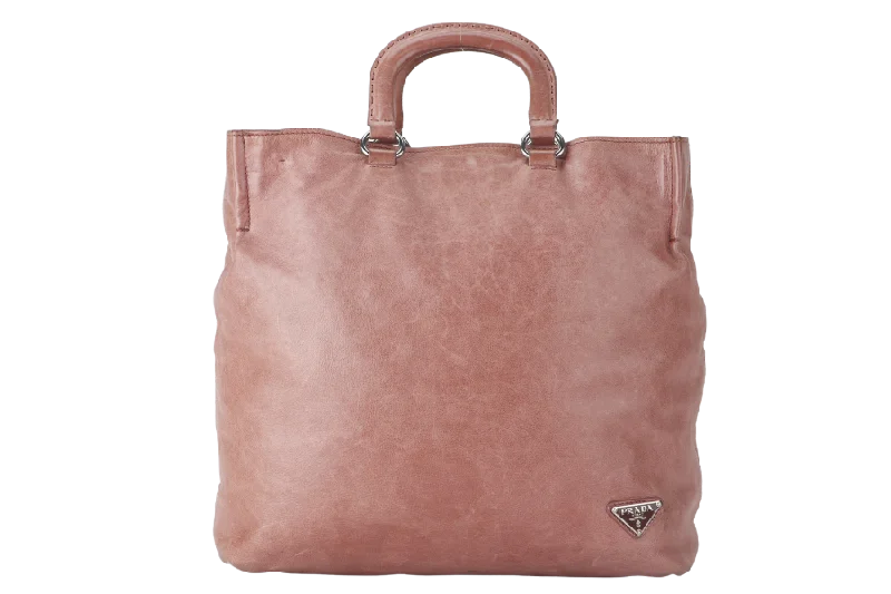 PRADA SHOPPER BAG PINK AGED CALF LEATHER SILVER HARDWARE WITH STRAP AND DUST COVER