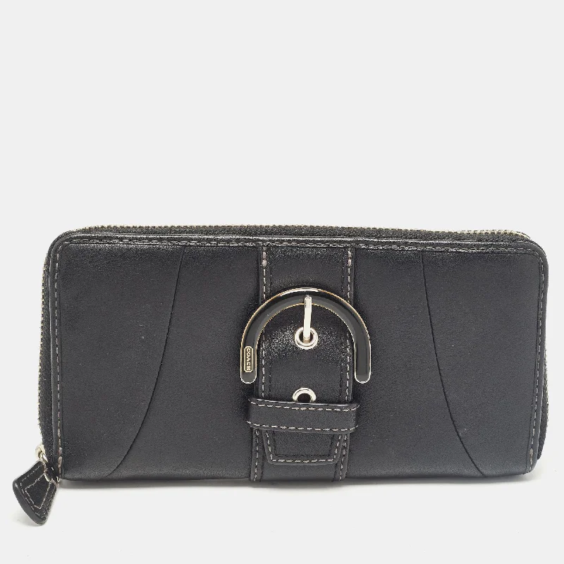 Black Leather Buckle Zip Continental Wallet