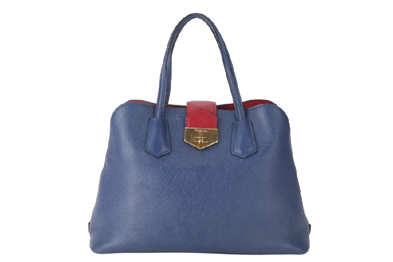 PRADA BLUE-RED SAFFIANO LEATHER DOUBLE HANDLE TOTE (BN2755) GOLD HARDWARE WITH STRAP, CARD AND DUST COVER