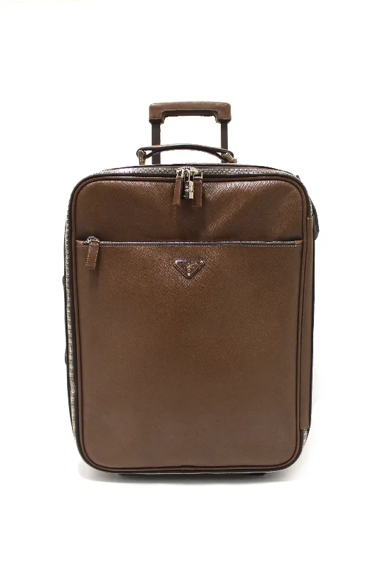 Authentic Prada Brown Saffiano Leather Travel Trolley Rolling Luggage