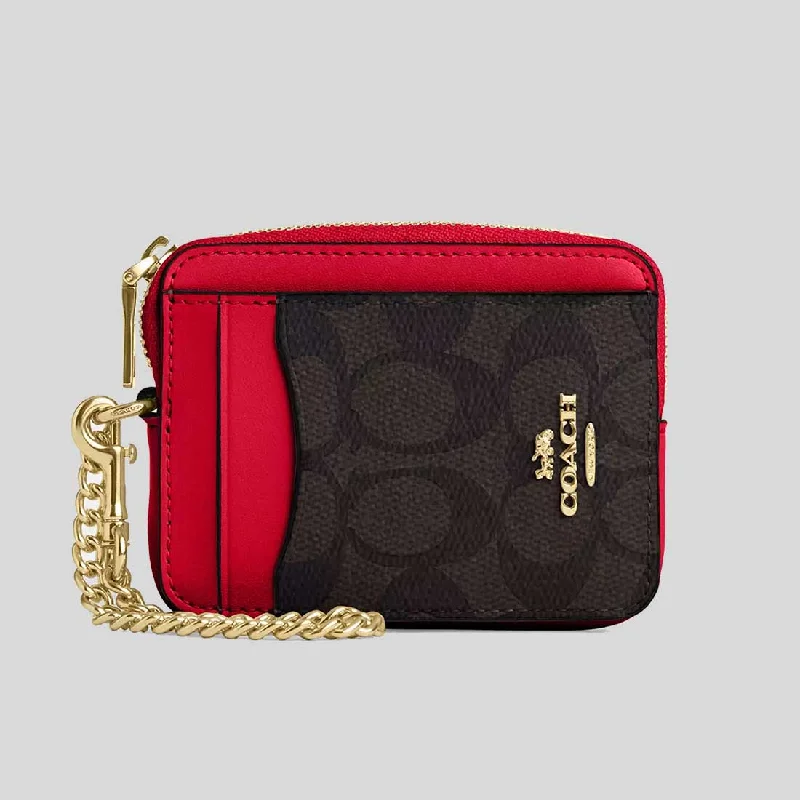 COACH Zip Card Case In Signature Canvas Walnut/Bold Red CW883