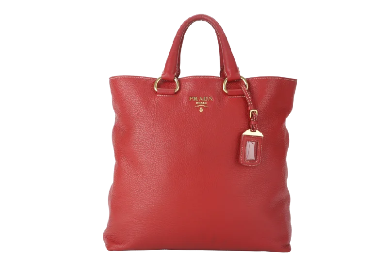 PRADA CONVERTIBLE VERTICAL TOTE RED GRAINED CALF LEATHER GOLD HARDWARE WITH DUST COVER AND STRAP