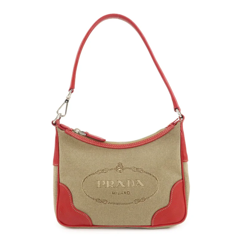 PRADA Logo Jacquard Leather Shoulder Bag Beige Red