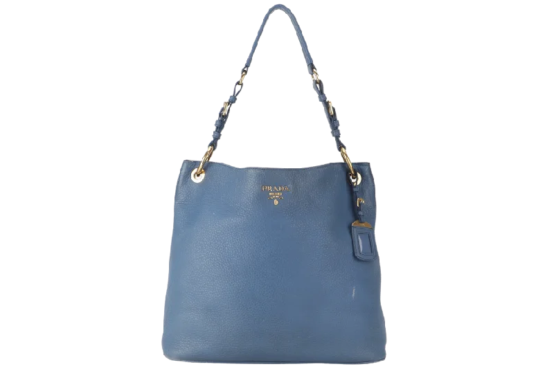 PRADA HOBO SHOULDER BAG MEDIUM BLUE CALF LEATHER GOLD HARDWARE WITH DUST COVER