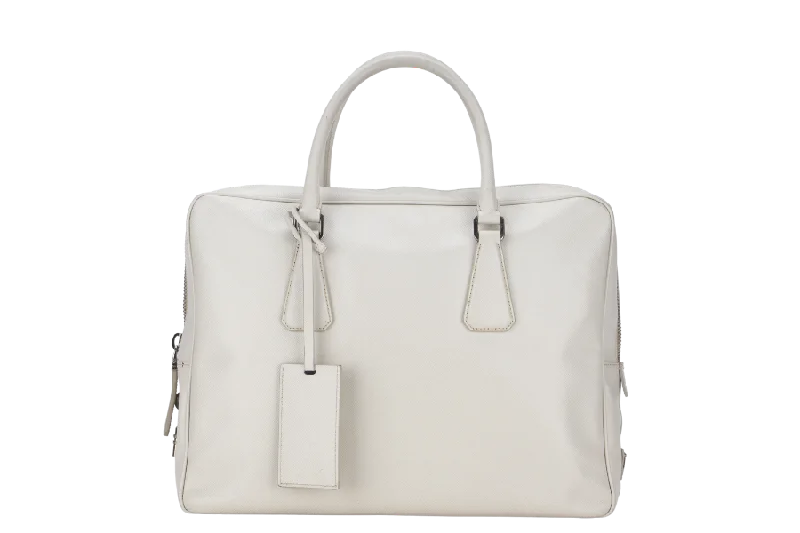 PRADA ZIP AROUND BRIEFCASE (VS0305) MEDIUM BEIGE SAFFIANO LEATHER SILVER HARDWARE WITH DUST COVER AND CARD