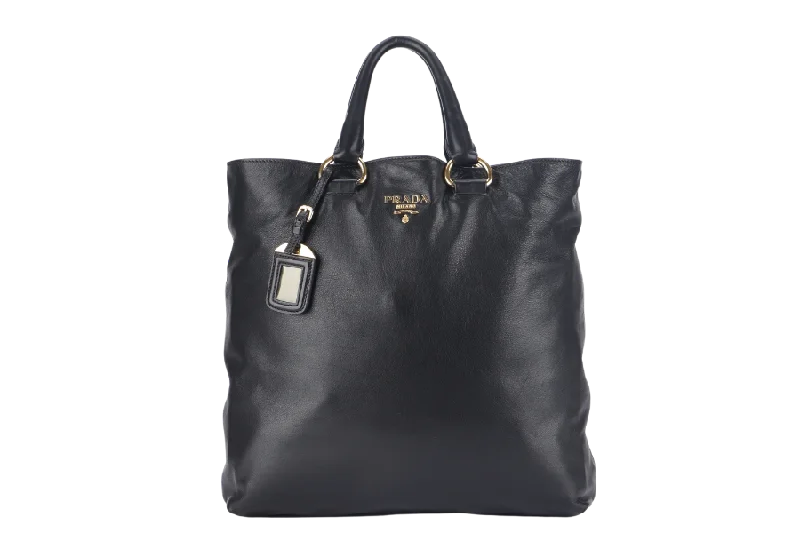 PRADA SHOPPING TOTE (BN1713) LARGE BLACK CALF LEATHER GOLD HARDWARE WITH STRAP AND DUST COVER