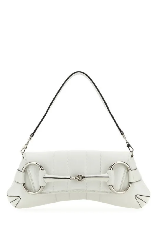 Gucci Women White Leather Medium Gucci Horsebit Chain Clutch