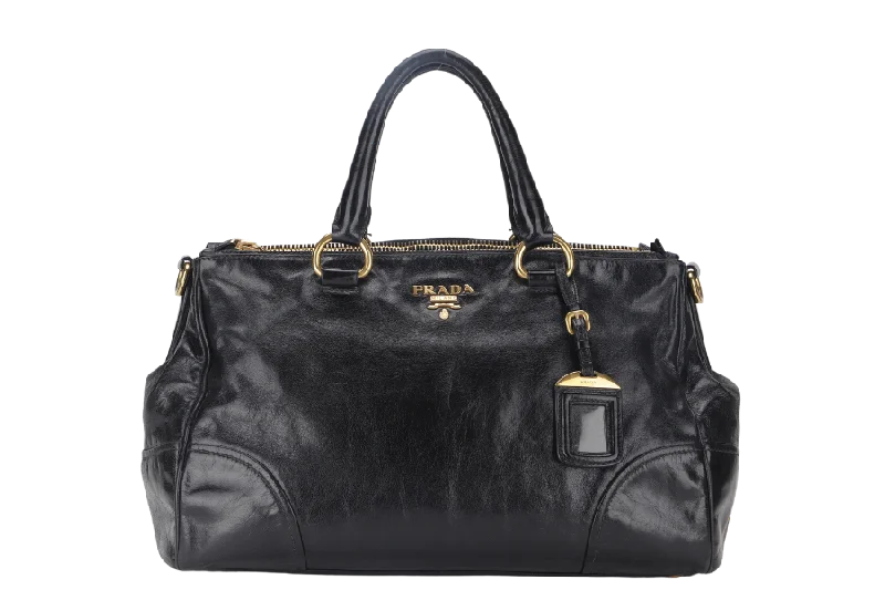 PRADA VITELLO SHINE DOUBLE ZIP BLACK GOLD HARDWARE WITH STRAPS AND DUST COVER