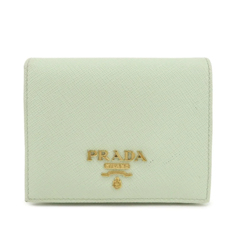 PRADA Logo Saffiano Leather Bi-Fold Small Wallet Light Green