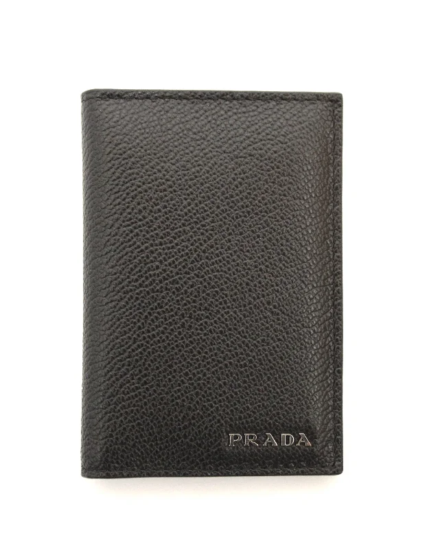 Authentic New Prada Black Calfskin Micro-Grained Leather Bifold Card Holder