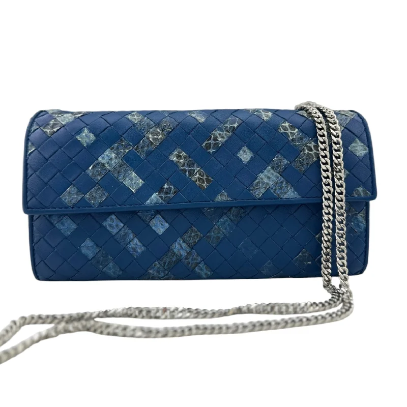 BOTTEGA VENETA Blue Leather and Snake Intrecciato Wallet with added Chain