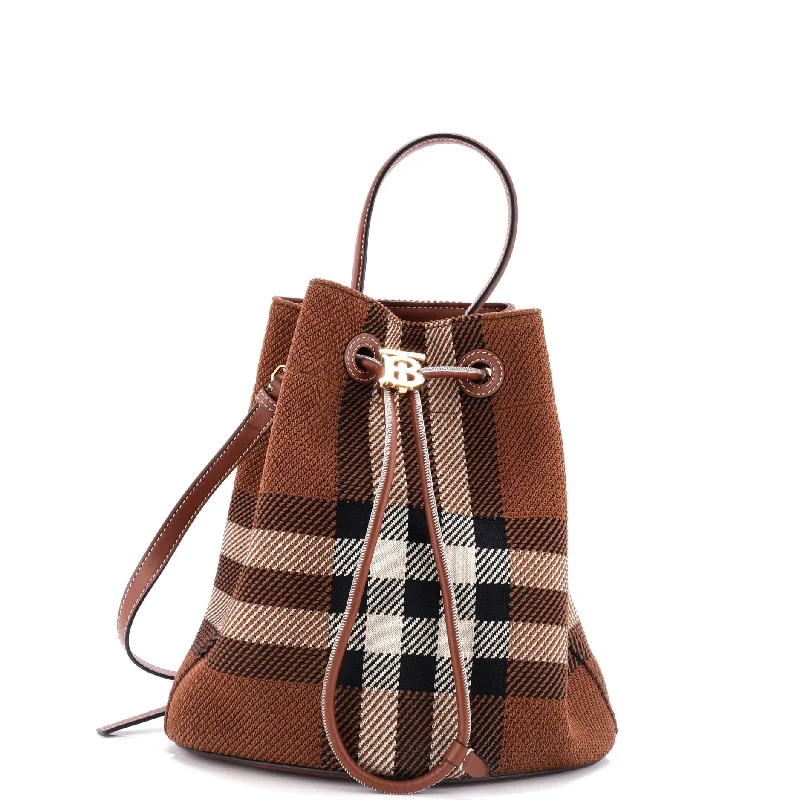 TB Drawstring Bucket Bag Check Knitted Fabric Small