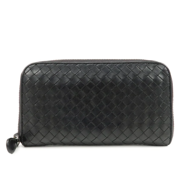 BOTTEGA VENETA Intrecciato Leather Zip Round Long Wallet Black