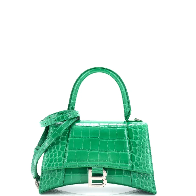 Hourglass Top Handle Bag Crocodile Embossed Leather Small