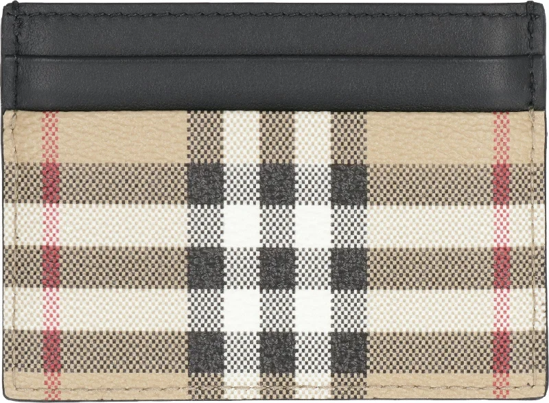 Men's Leather And Checked Fabric Card Holder in Beige | 8069822143231 Color A7026