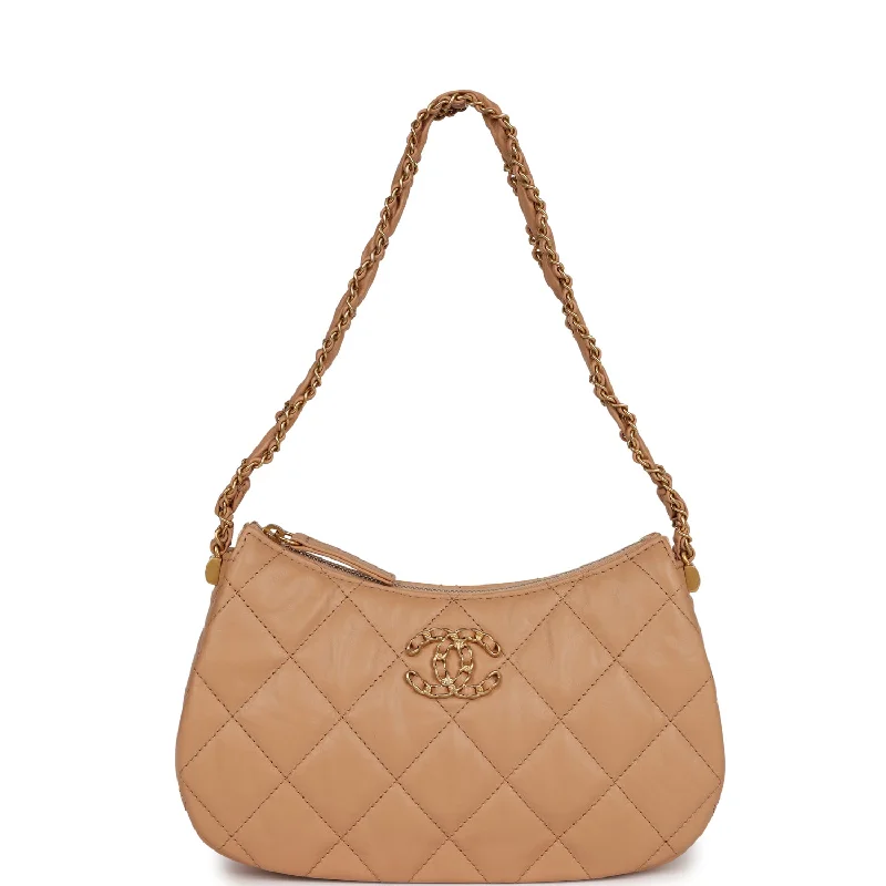 Chanel 19 Hobo Bag Beige Aged Calfskin Brushed Gold Hardware