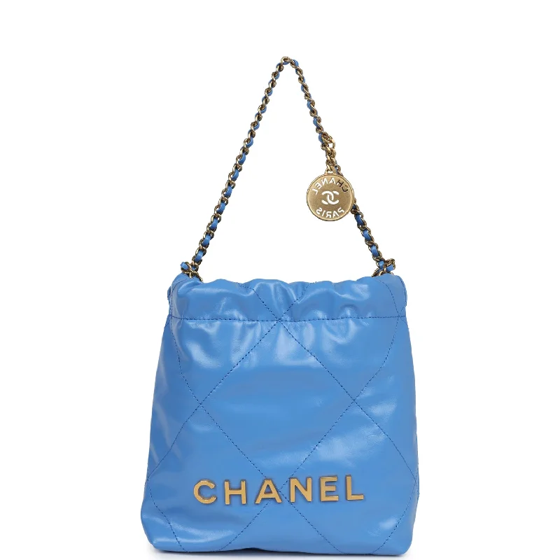 Chanel Mini 22 Bag Blue Shiny Aged Calfskin Gold Hardware