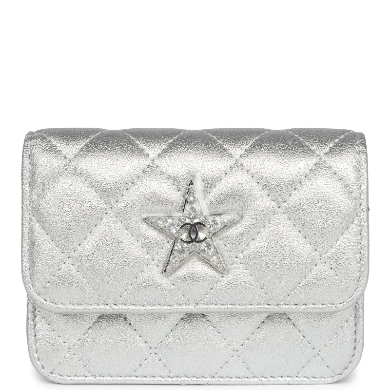 Chanel Crystal CC Walk Of Fame Clutch Wallet Silver Metallic Goatskin Silver Hardware