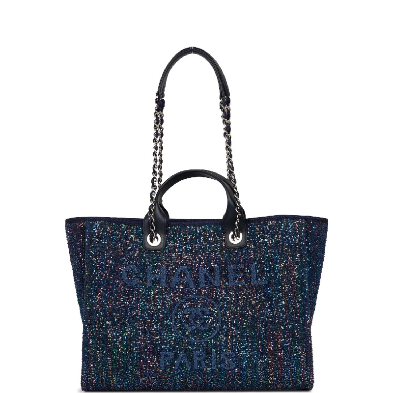 Chanel Large Deauville Shopping Tote Blue Sequin Boucle Silver Hardware