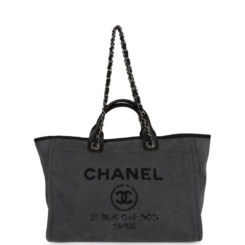 Chanel Medium Deauville Shopping Tote Dark Grey Denim Silver Hardware