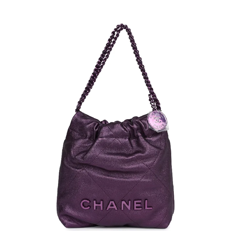 Chanel Mini 22 Bag Dark Purple Metallic Lambskin Lacquered Metal Hardware