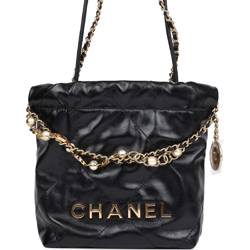 Chanel Mini 22 Bag Black Calfskin Pearls & Gold Hardware