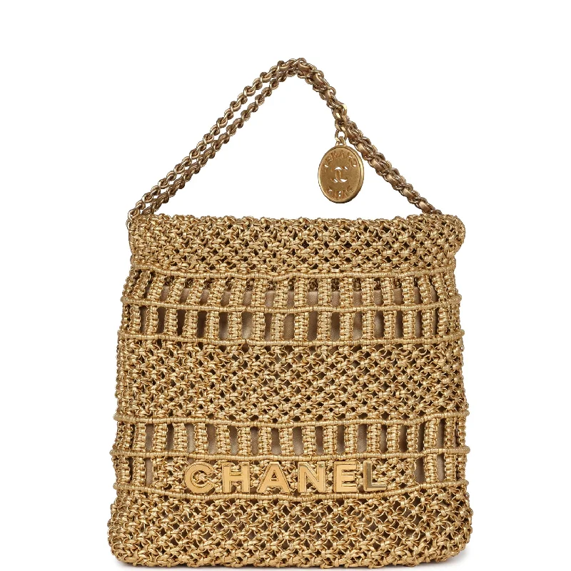 Chanel Mini 22 Bag Metallic Gold Macrame Calfskin Gold Hardware