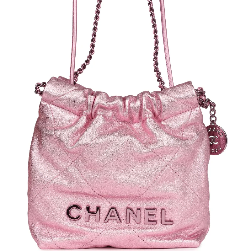 Chanel Mini 22 Bag Pink Metallic Lambskin Lacquered Metal Hardware