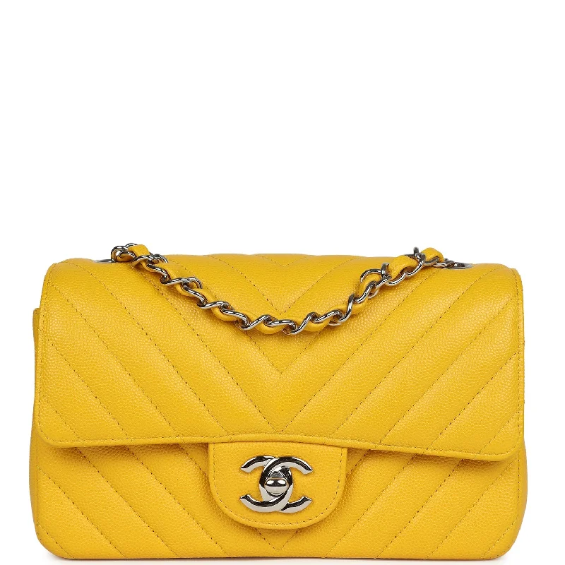 Pre-owned Chanel Mini Rectangular Flap Yellow Chevron Caviar Silver Hardware