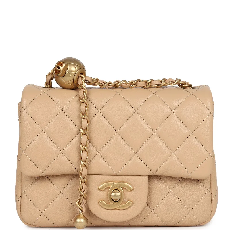 Chanel Mini Square Pearl Crush Flap Bag Beige Lambskin Aged Gold Hardware