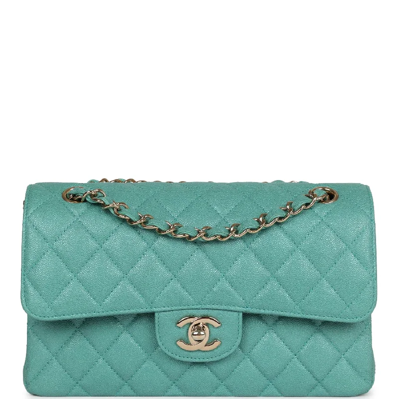 Chanel Small Classic Double Flap Turquoise Iridescent Caviar Light Gold Hardware