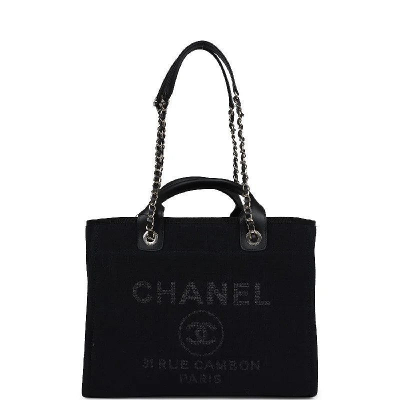 Chanel Small Deauville Shopping Tote Black Canvas Light Gold Hardware