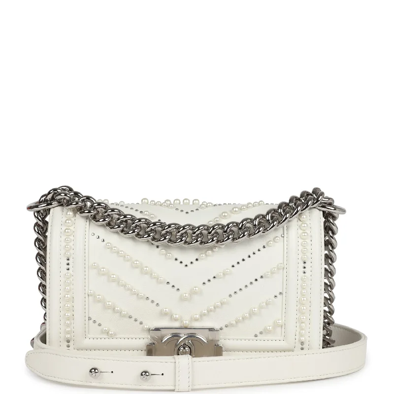 Chanel Small Pearl Boy Bag White Calfskin Silver Hardware