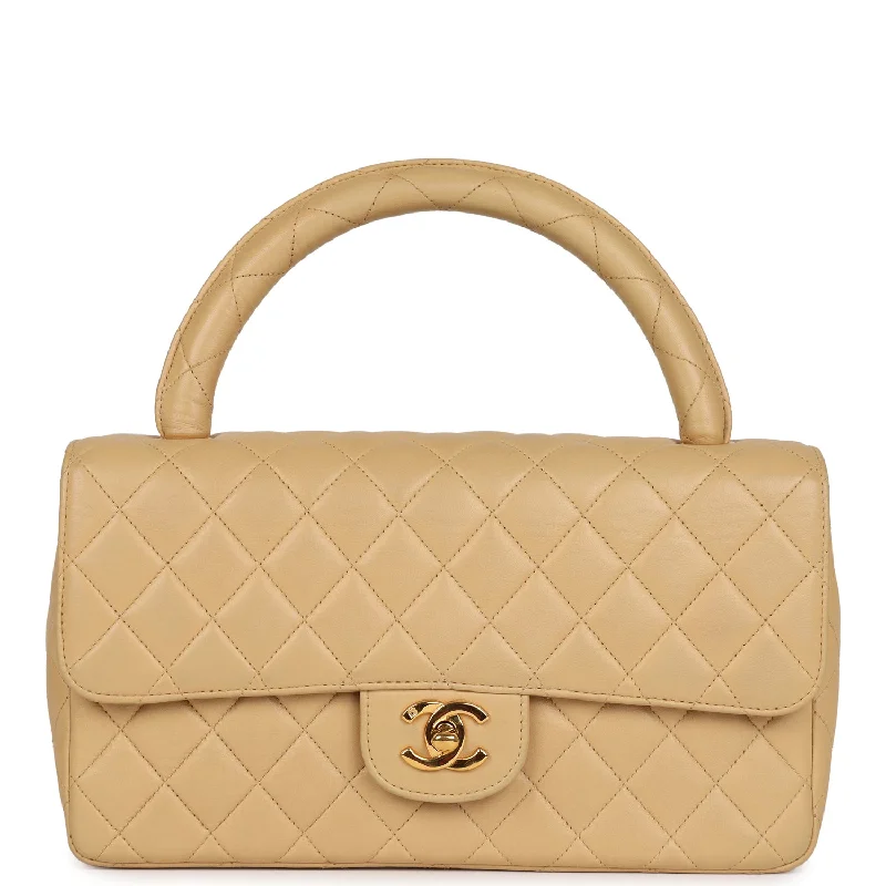 Vintage Chanel Kelly Parent Flap Bag Beige Lambskin Gold Hardware