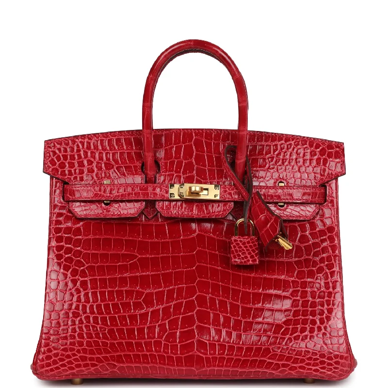 Hermes Birkin 25 Braise Shiny Porosus Crocodile Gold Hardware