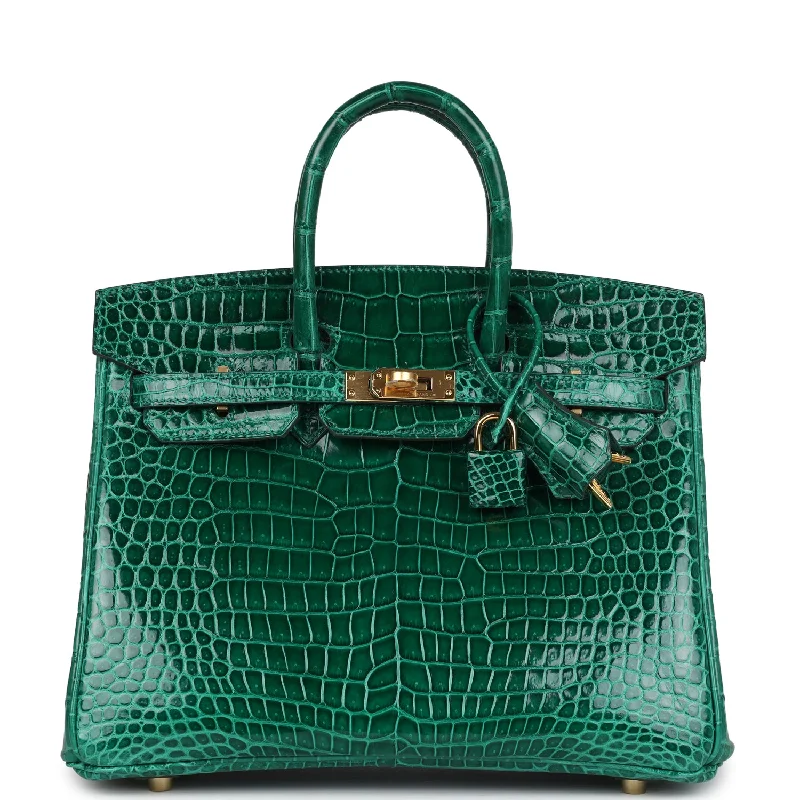 Hermes Birkin 25 Emerald Shiny Porosus Crocodile Gold Hardware