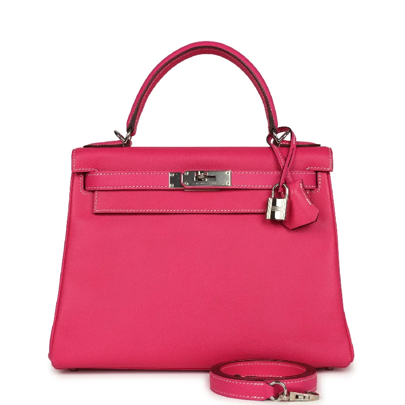 Pre-owned Hermes Kelly Retourne 28 Rose Tyrien Candy Epsom Palladium Hardware