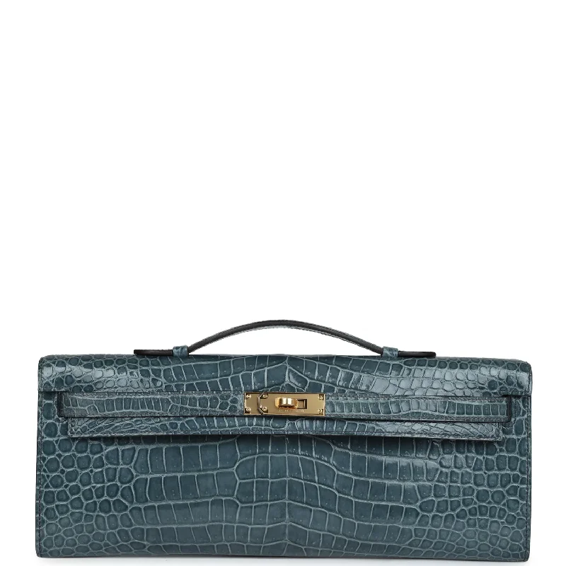 Hermes Kelly Cut Bleu Jean Shiny Porosus Crocodile Gold Hardware