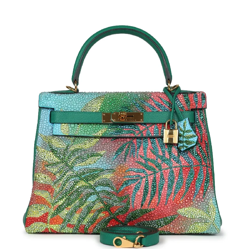 Custom Tropical Swarovski Crystal Hermes Kelly Retourne 28 Vert Vertigo Clemence Gold Hardware