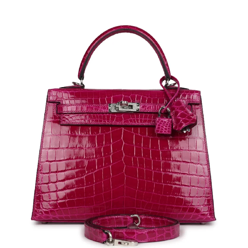 Hermes Kelly Sellier 25 Rose Pourpre Shiny Niloticus Crocodile Palladium Hardware