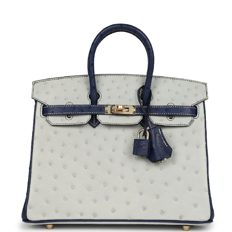 Hermes Special Order (HSS) Birkin 25 Gris Perle and Bleu Iris Ostrich Permabrass Hardware