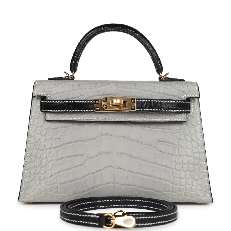 Hermes Special Order (HSS) Kelly Sellier 20 Gris Perle and Black Matte Alligator Gold Hardware