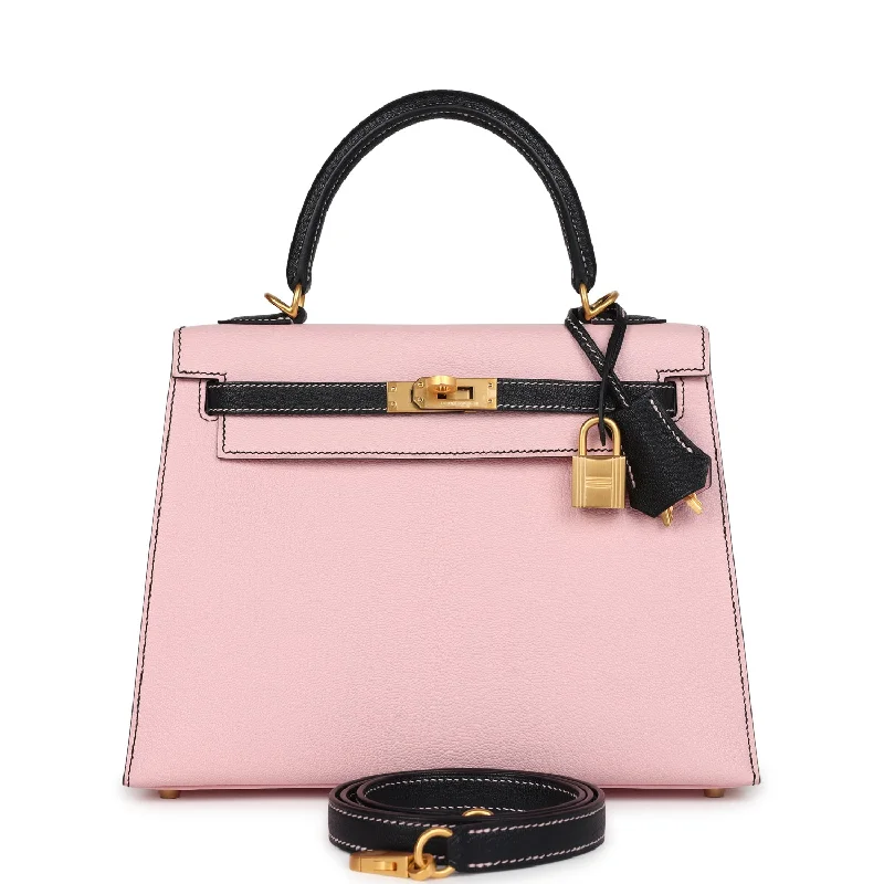 Hermes Special Order (HSS) Kelly Sellier 25 Rose Sakura and Black Chevre Mysore Brushed Gold Hardware